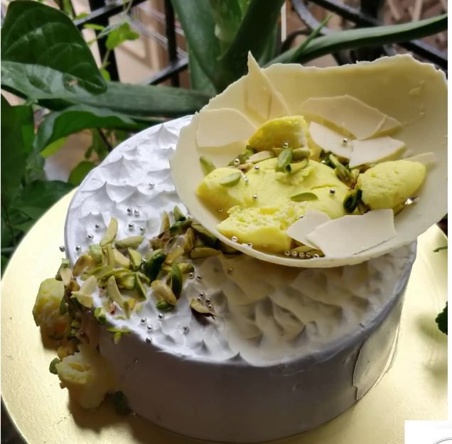 Rasmalai cake with pistachio and saffron